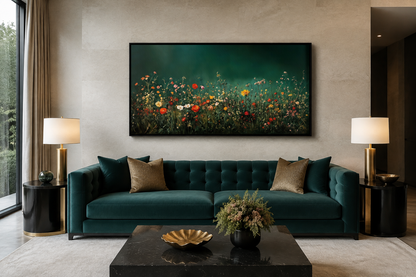 Dark Moody Green Wildflowers Field At Night Framed Canvas Wall Art