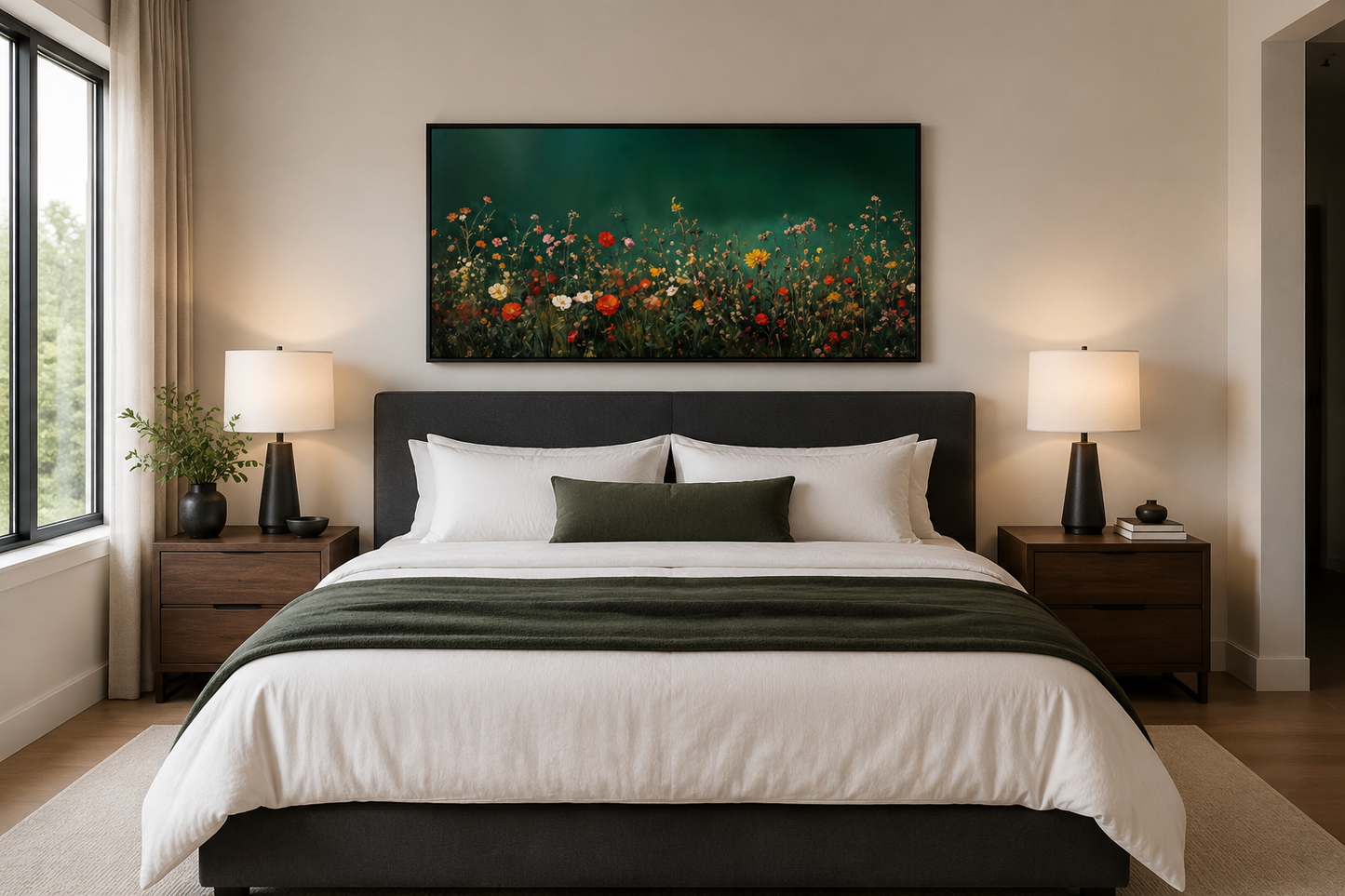 Dark Moody Green Wildflowers Field At Night Framed Canvas Wall Art