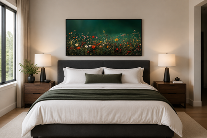 Dark Moody Green Wildflowers Field At Night Framed Canvas Wall Art