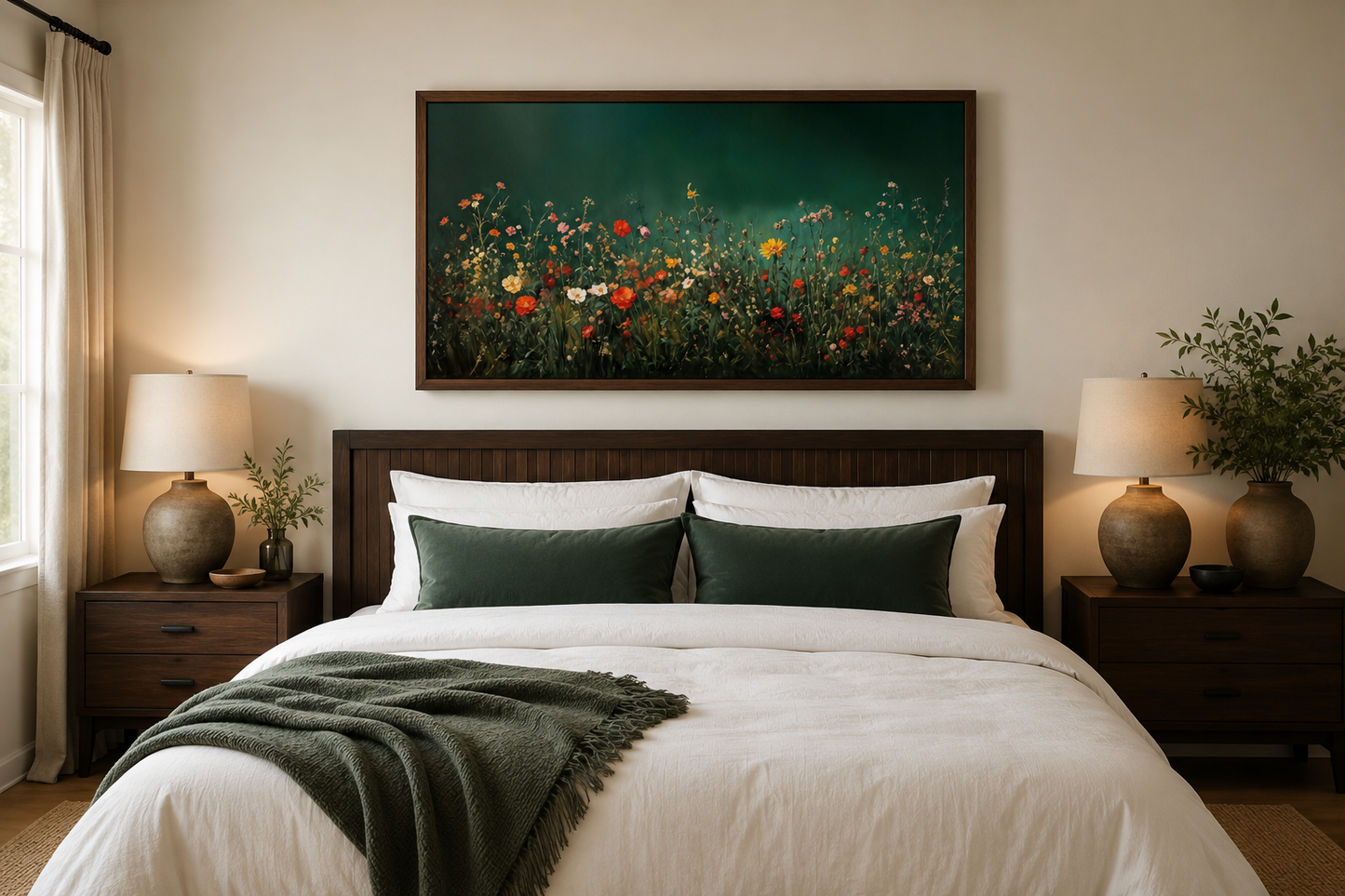 Dark Moody Green Wildflowers Field At Night Framed Canvas Wall Art