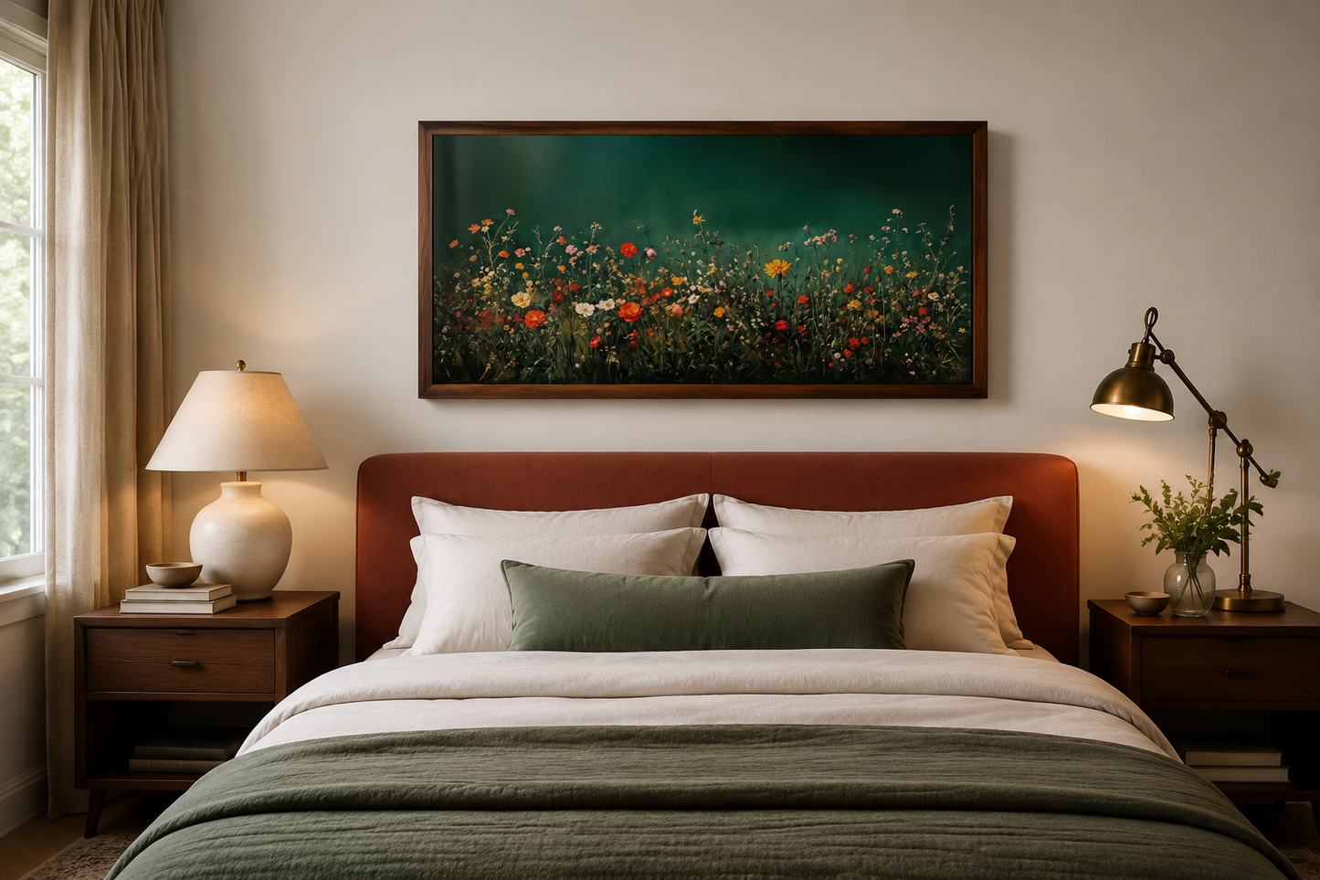 Dark Moody Green Wildflowers Field At Night Framed Canvas Wall Art