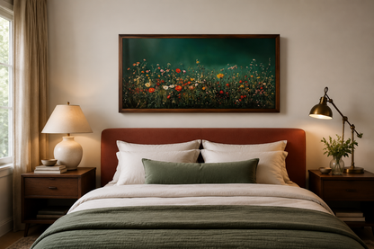 Dark Moody Green Wildflowers Field At Night Framed Canvas Wall Art