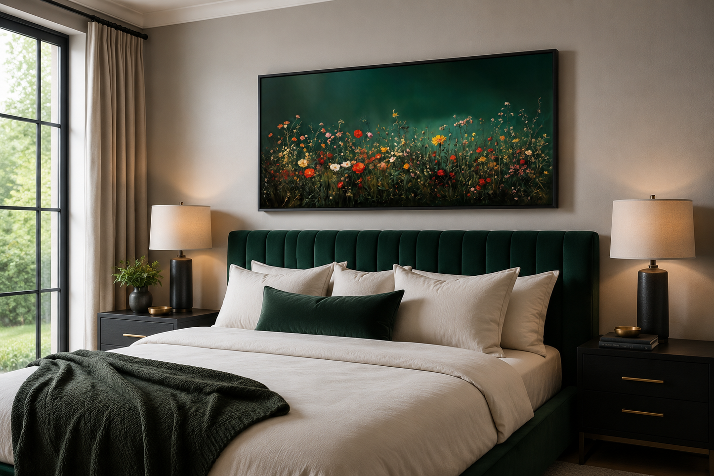Dark Moody Green Wildflowers Field At Night Framed Canvas Wall Art