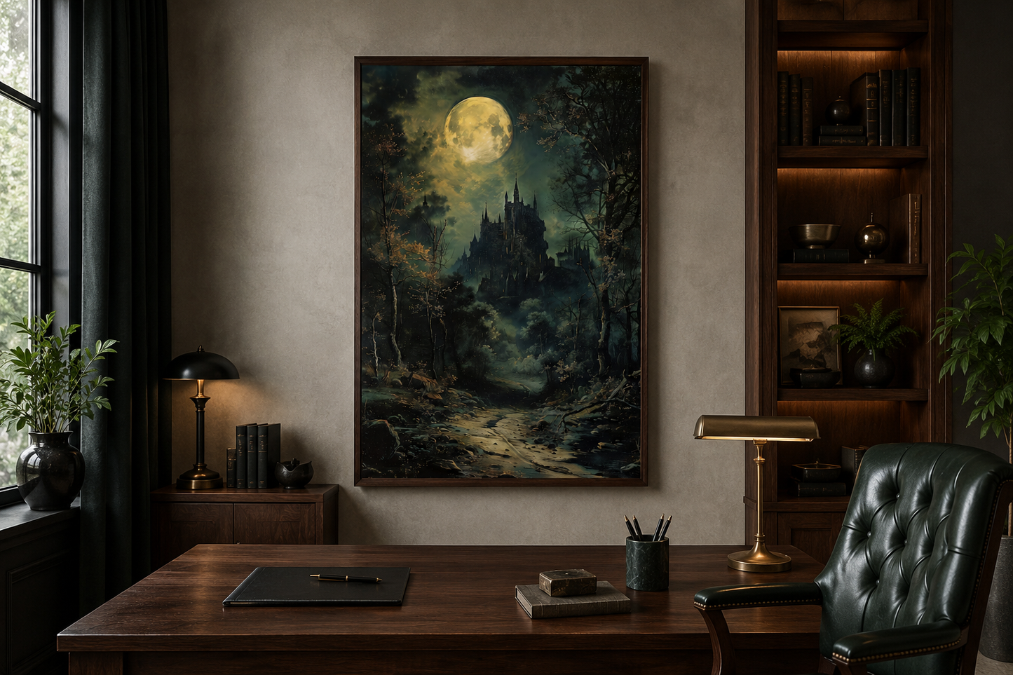 Dark Moonlit Gothic Vampire Castle Framed Canvas Wall Art