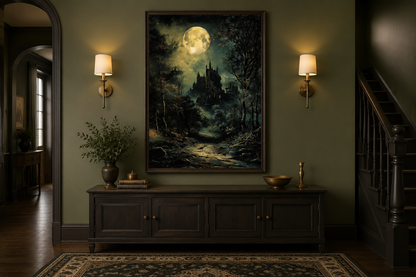 Dark Moonlit Gothic Vampire Castle Framed Canvas Wall Art