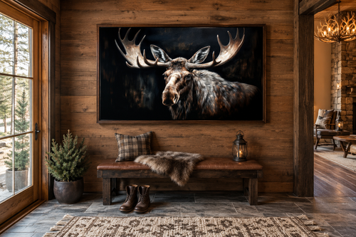 Dark Moose Painting Cabin Decor Framed Canvas Wall Art