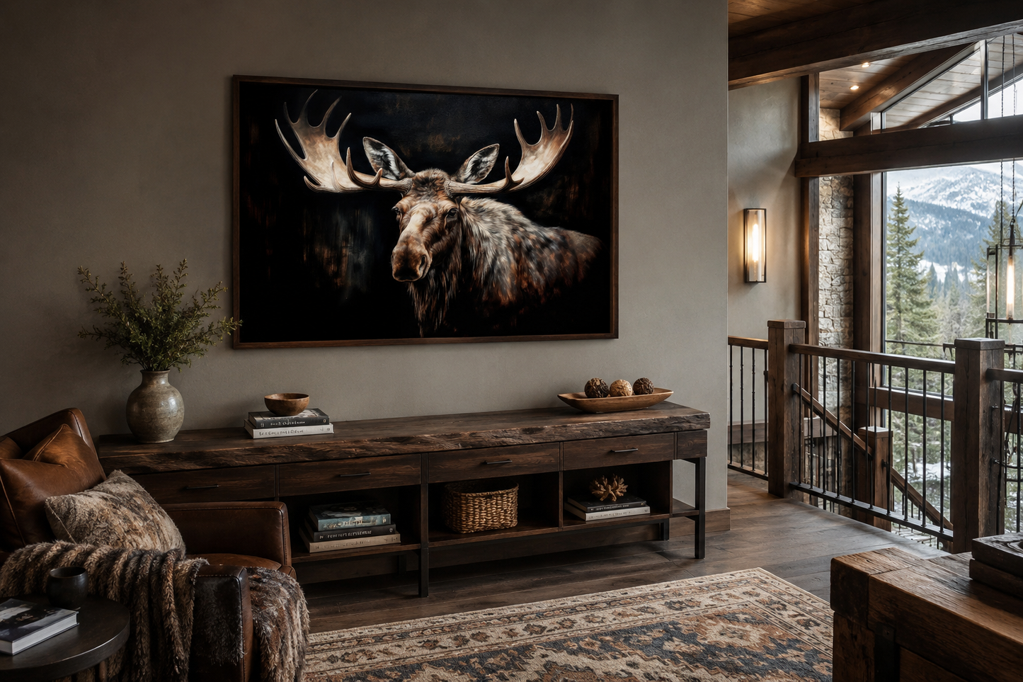 Dark Moose Painting Cabin Decor Framed Canvas Wall Art