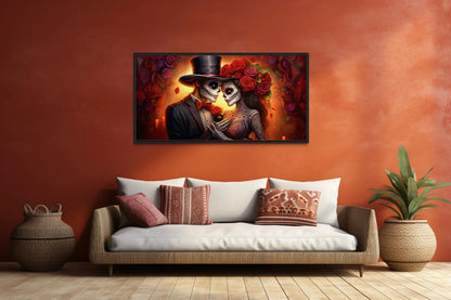 Day of The Dead Sugar Skull Couple Romantic Mexican Framed Canvas Wall Art