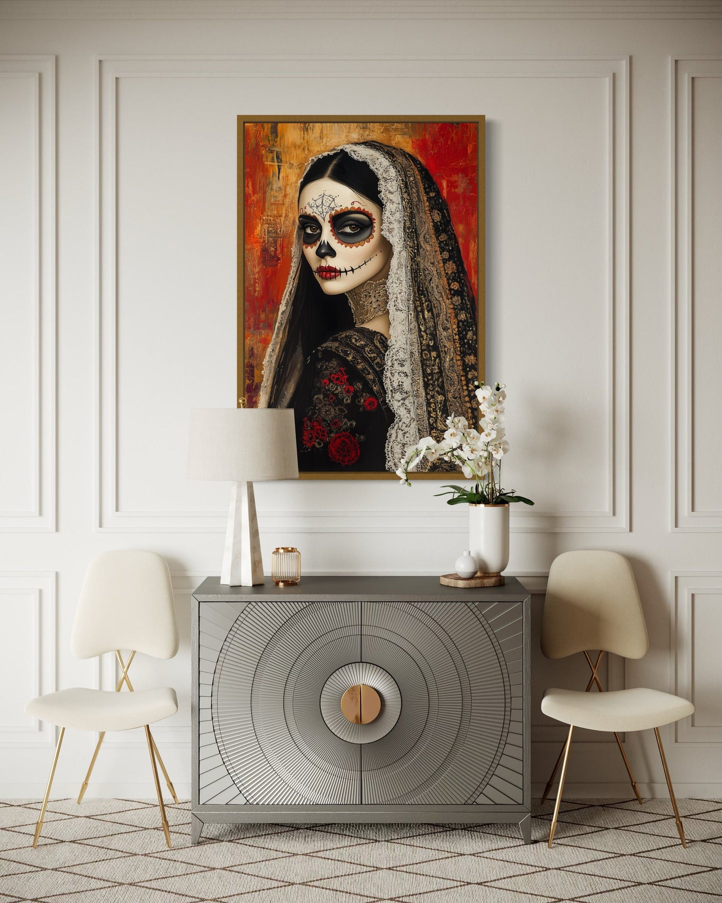 Day of The Dead Woman Sugar Skull Mexican Framed Canvas Wall Art
