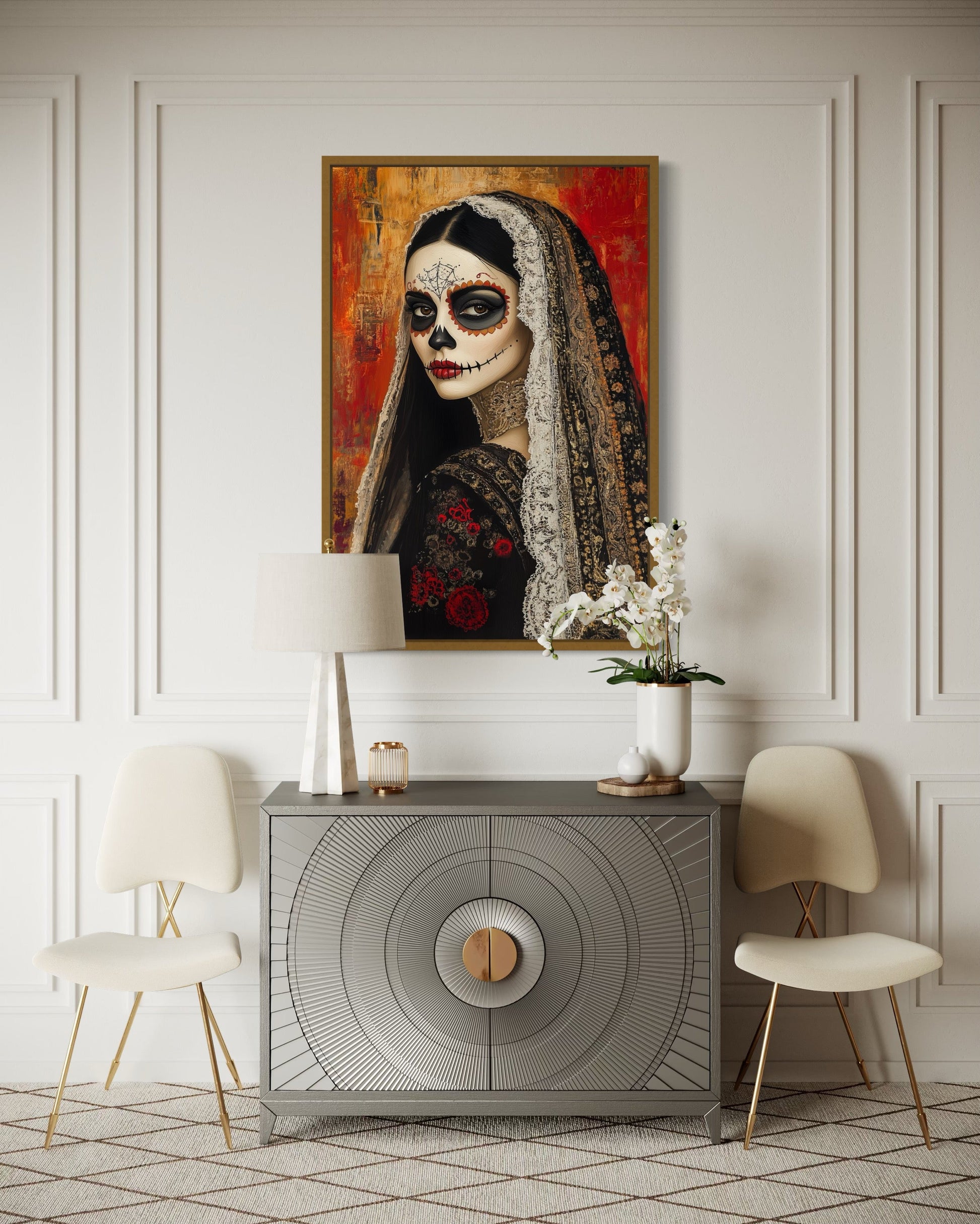 Day of The Dead Woman Sugar Skull Mexican Framed Canvas Wall Art