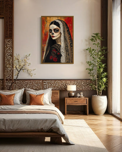 Day of The Dead Woman Sugar Skull Mexican Framed Canvas Wall Art