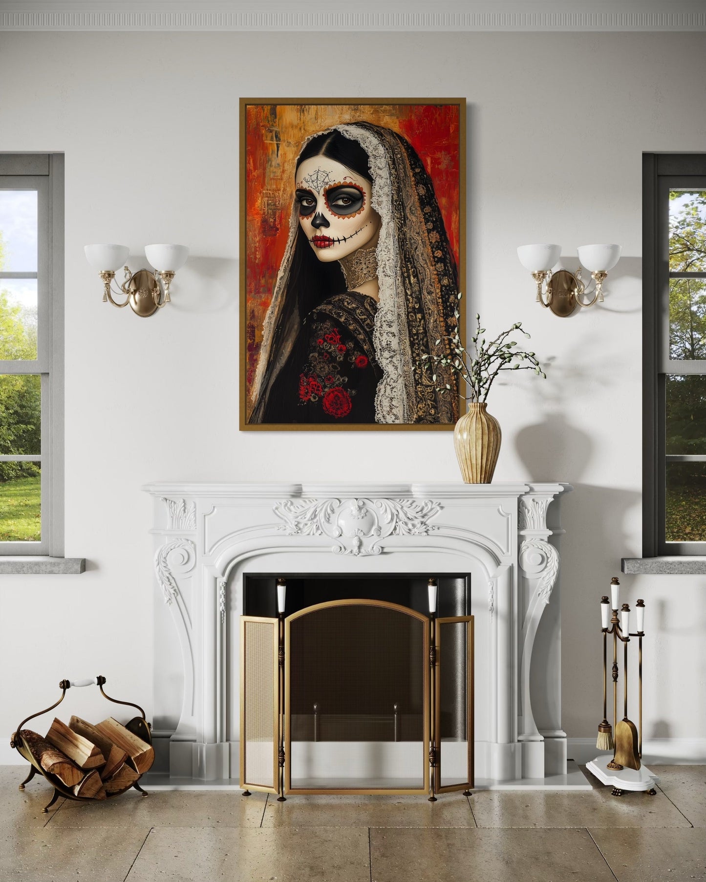 Day of The Dead Woman Sugar Skull Mexican Framed Canvas Wall Art