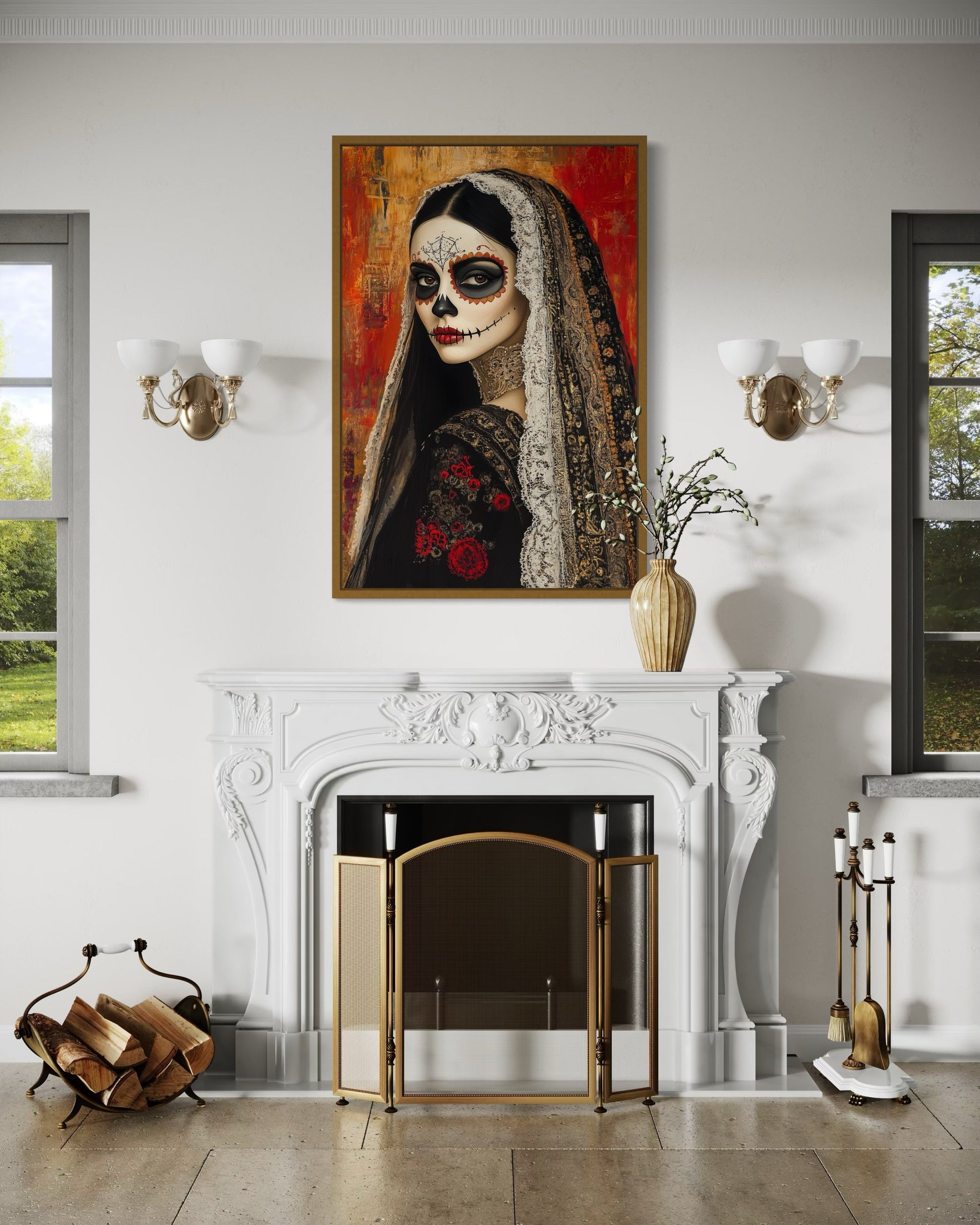 Day of The Dead Woman Sugar Skull Mexican Framed Canvas Wall Art