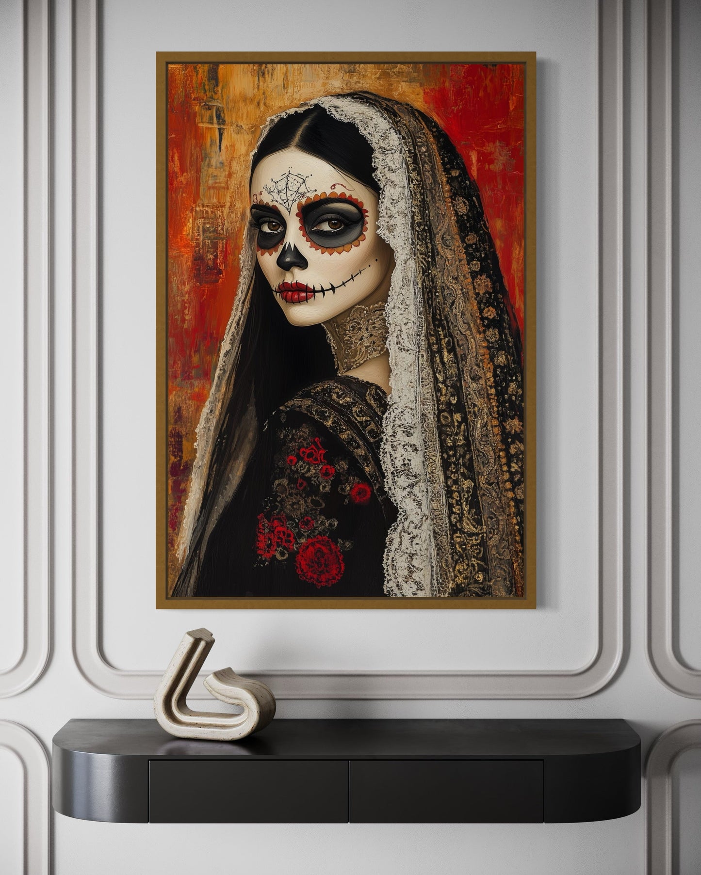 Day of The Dead Woman Sugar Skull Mexican Framed Canvas Wall Art