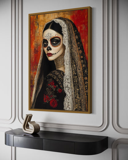 Day of The Dead Woman Sugar Skull Mexican Framed Canvas Wall Art