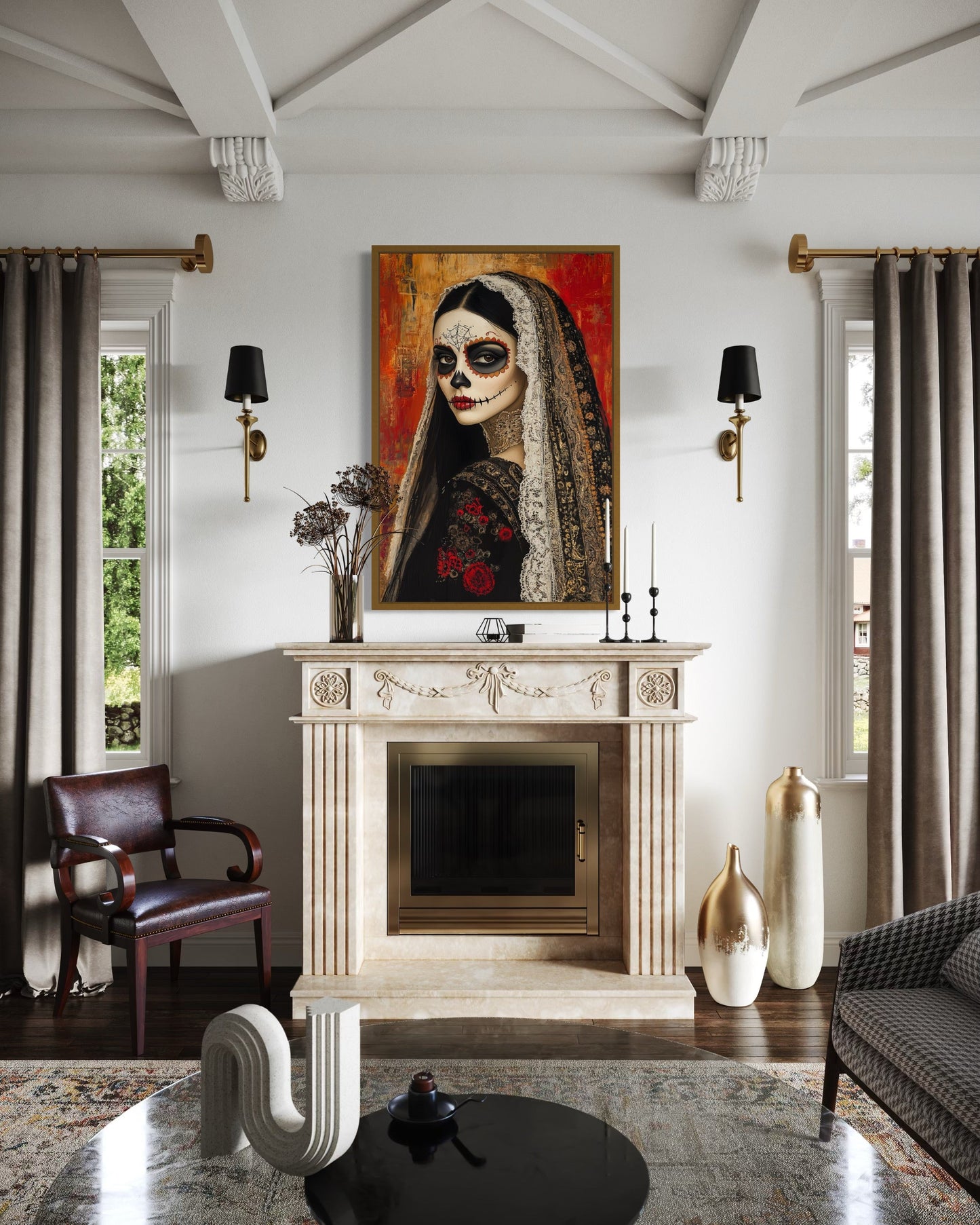Day of The Dead Woman Sugar Skull Mexican Framed Canvas Wall Art