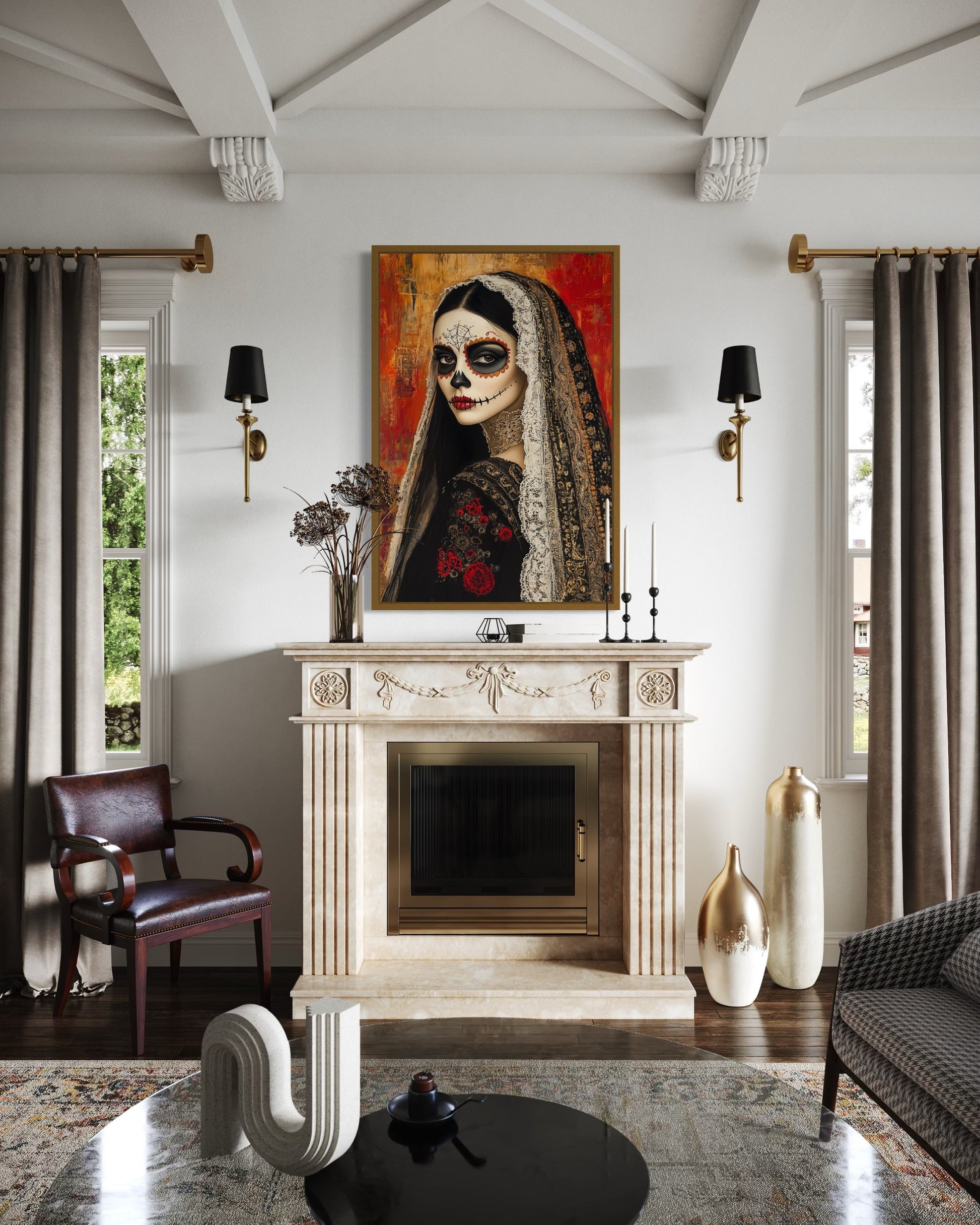 Day of The Dead Woman Sugar Skull Mexican Framed Canvas Wall Art