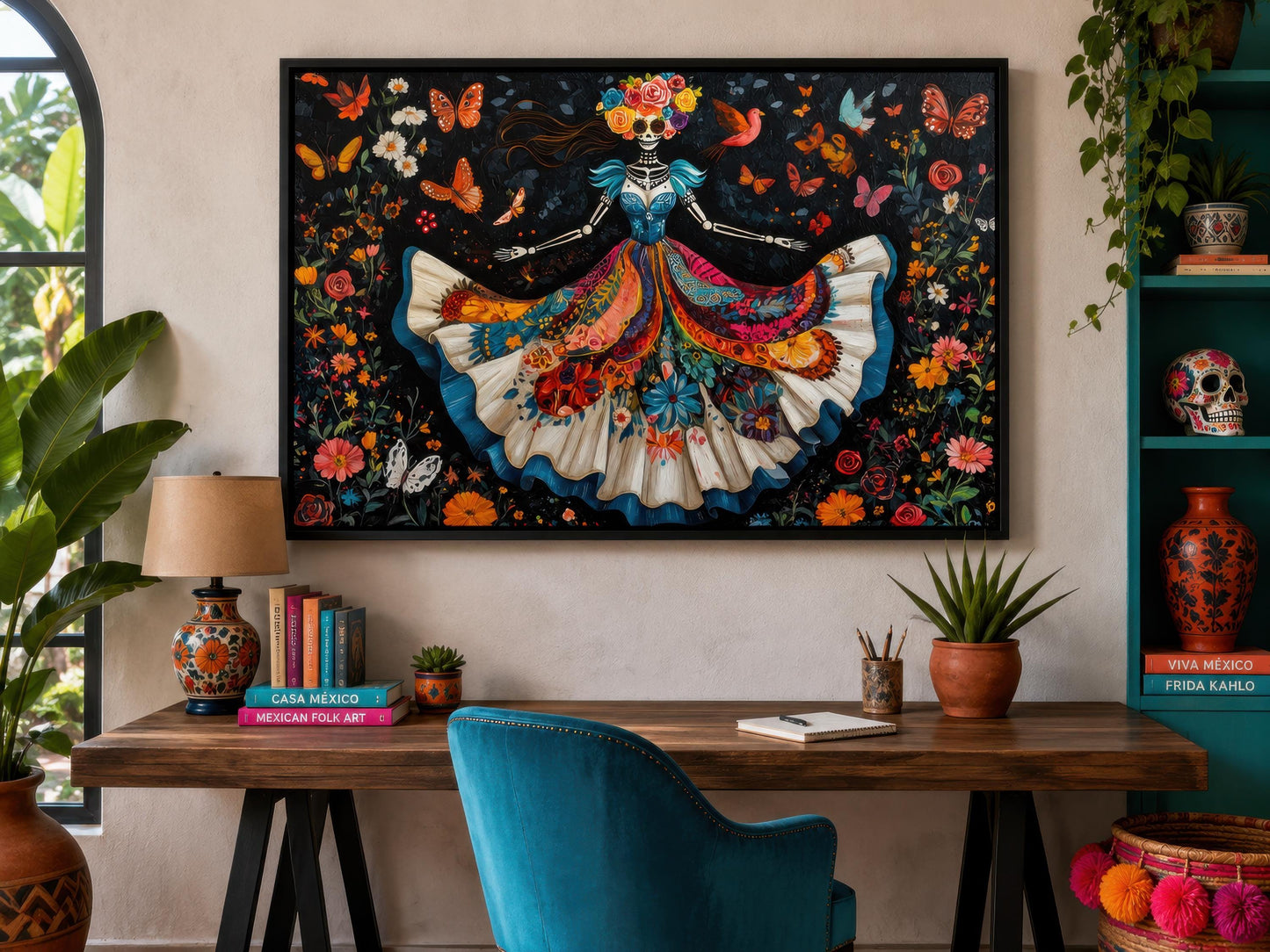 Day of the Dead Wall Art – Dancing Catrina Canvas with Vibrant Floral Skull Painting