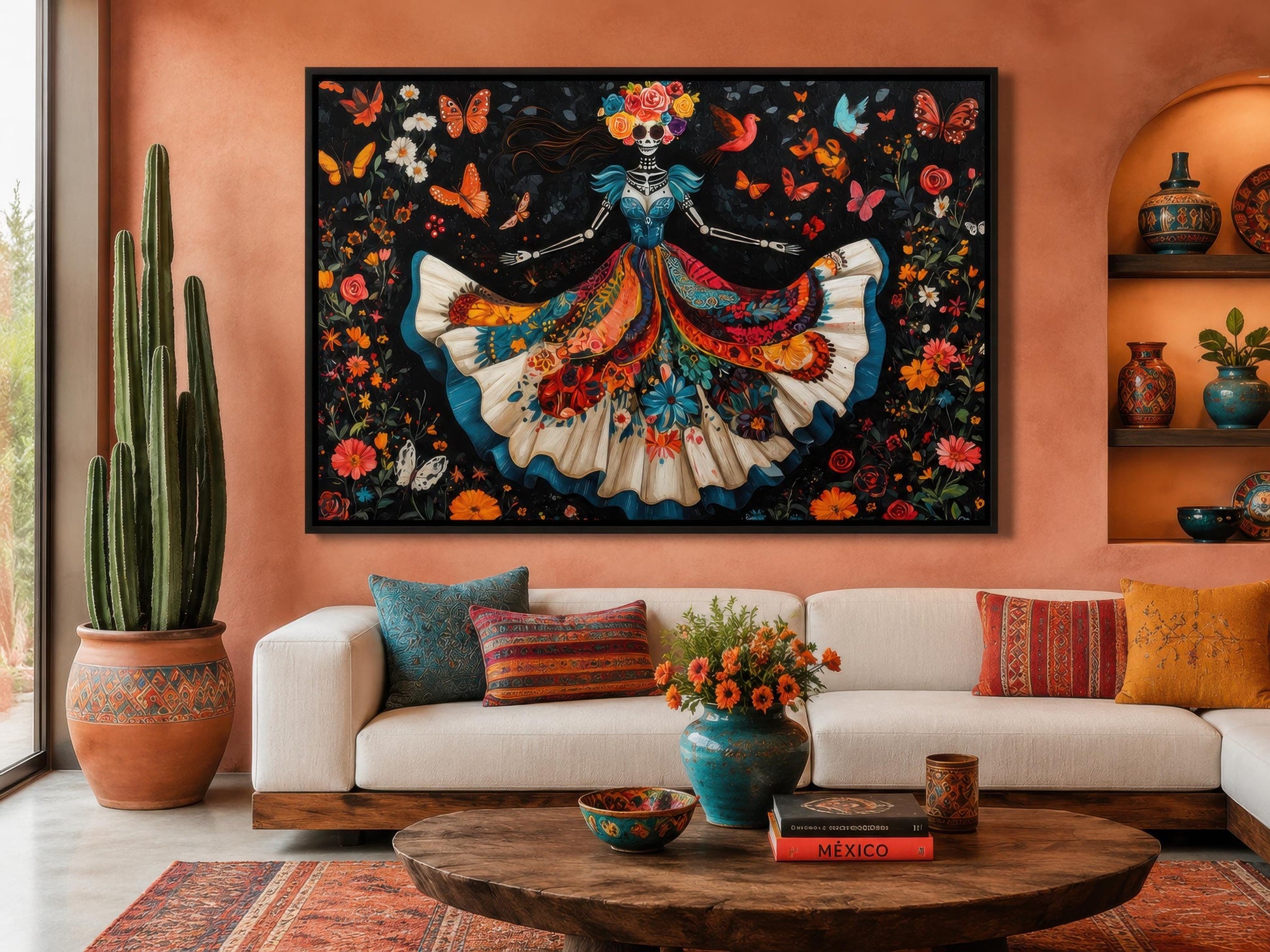 Day of the Dead Wall Art – Dancing Catrina Canvas with Vibrant Floral Skull Painting