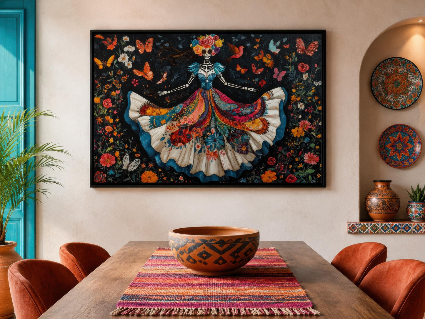 Day of the Dead Wall Art – Dancing Catrina Canvas with Vibrant Floral Skull Painting