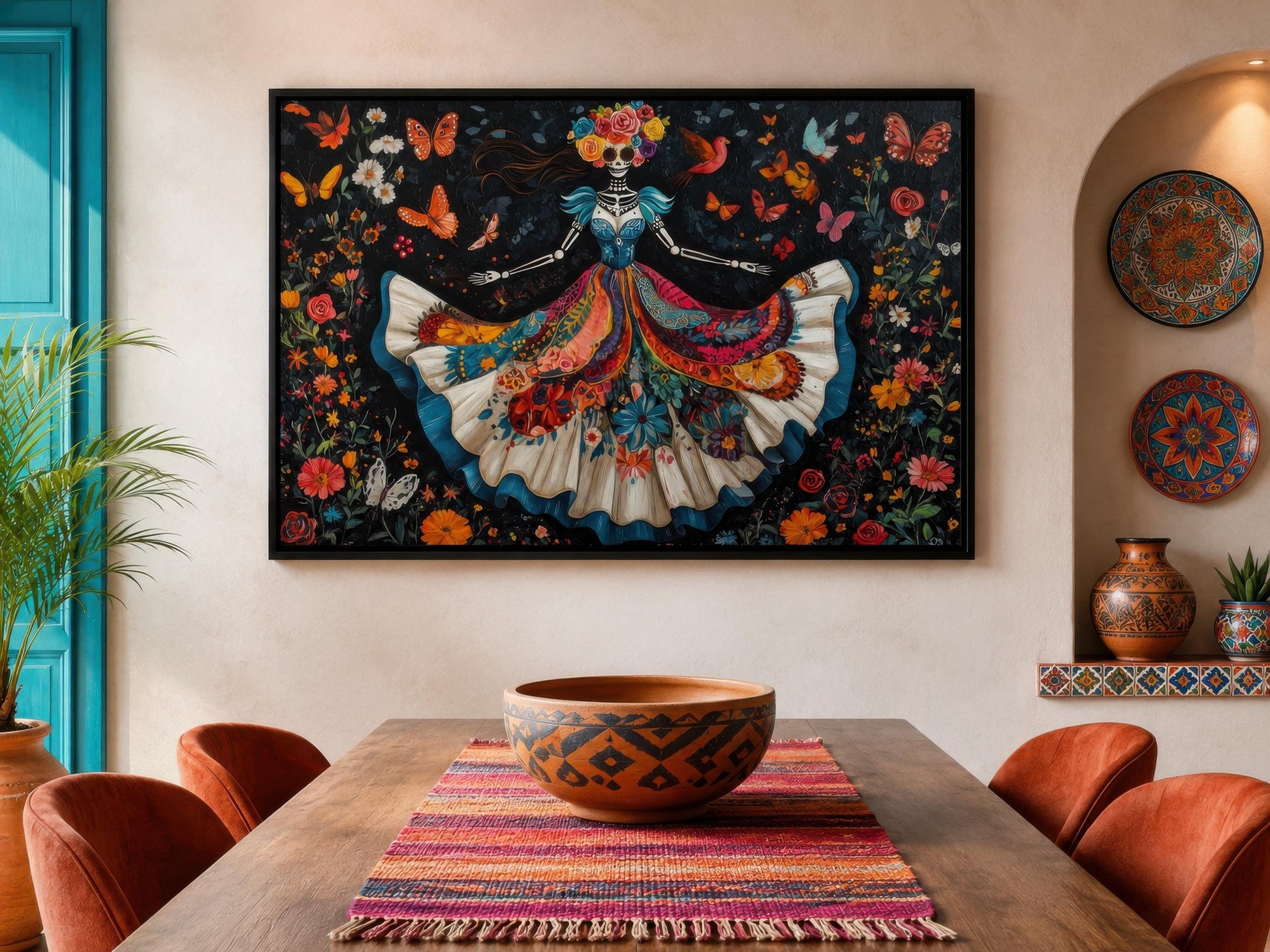 Day of the Dead Wall Art – Dancing Catrina Canvas with Vibrant Floral Skull Painting