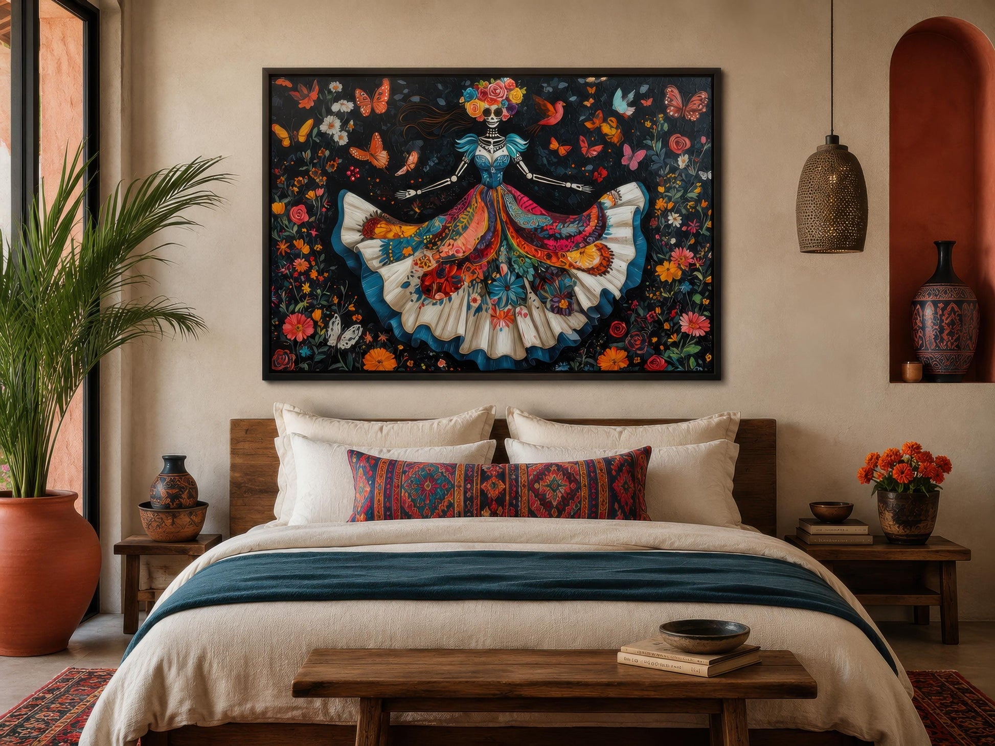 Day of the Dead Wall Art – Dancing Catrina Canvas with Vibrant Floral Skull Painting