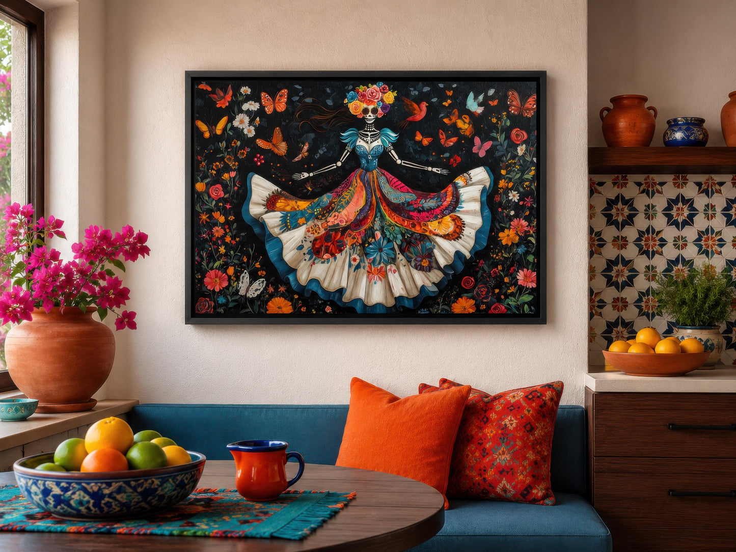 Day of the Dead Wall Art – Dancing Catrina Canvas with Vibrant Floral Skull Painting
