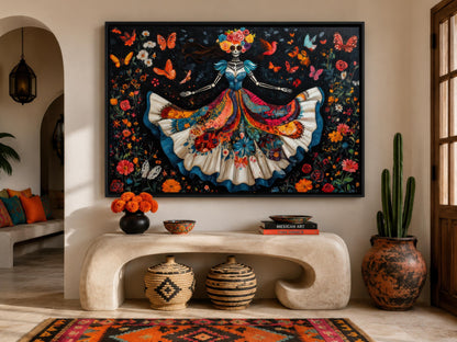 Day of the Dead Wall Art – Dancing Catrina Canvas with Vibrant Floral Skull Painting