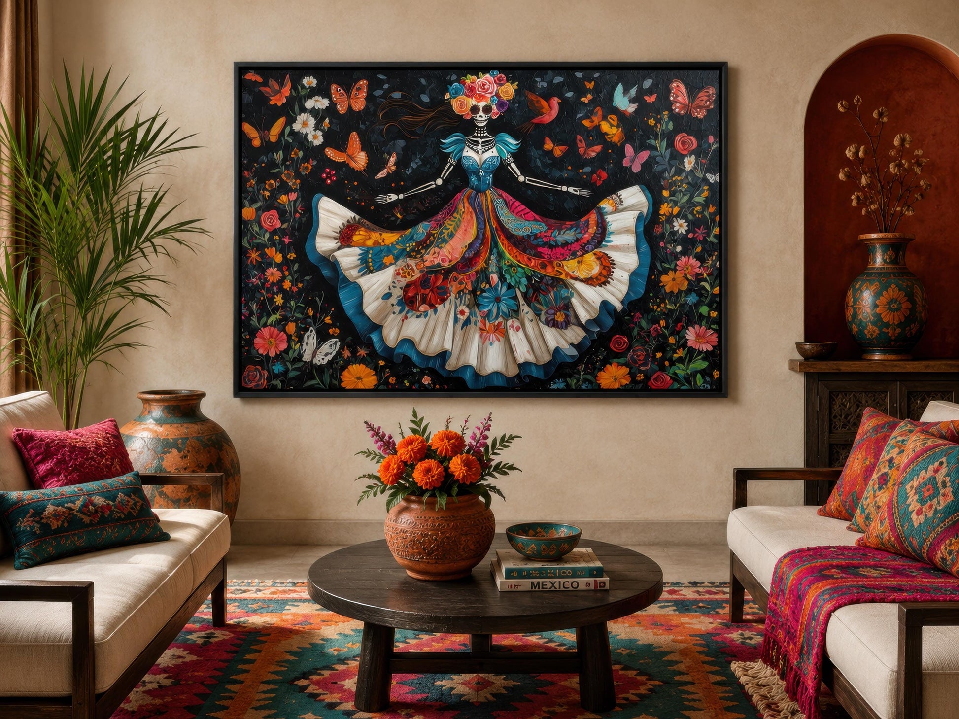 Day of the Dead Wall Art – Dancing Catrina Canvas with Vibrant Floral Skull Painting