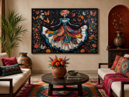 Day of the Dead Wall Art – Dancing Catrina Canvas with Vibrant Floral Skull Painting