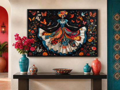 Day of the Dead Wall Art – Dancing Catrina Canvas with Vibrant Floral Skull Painting
