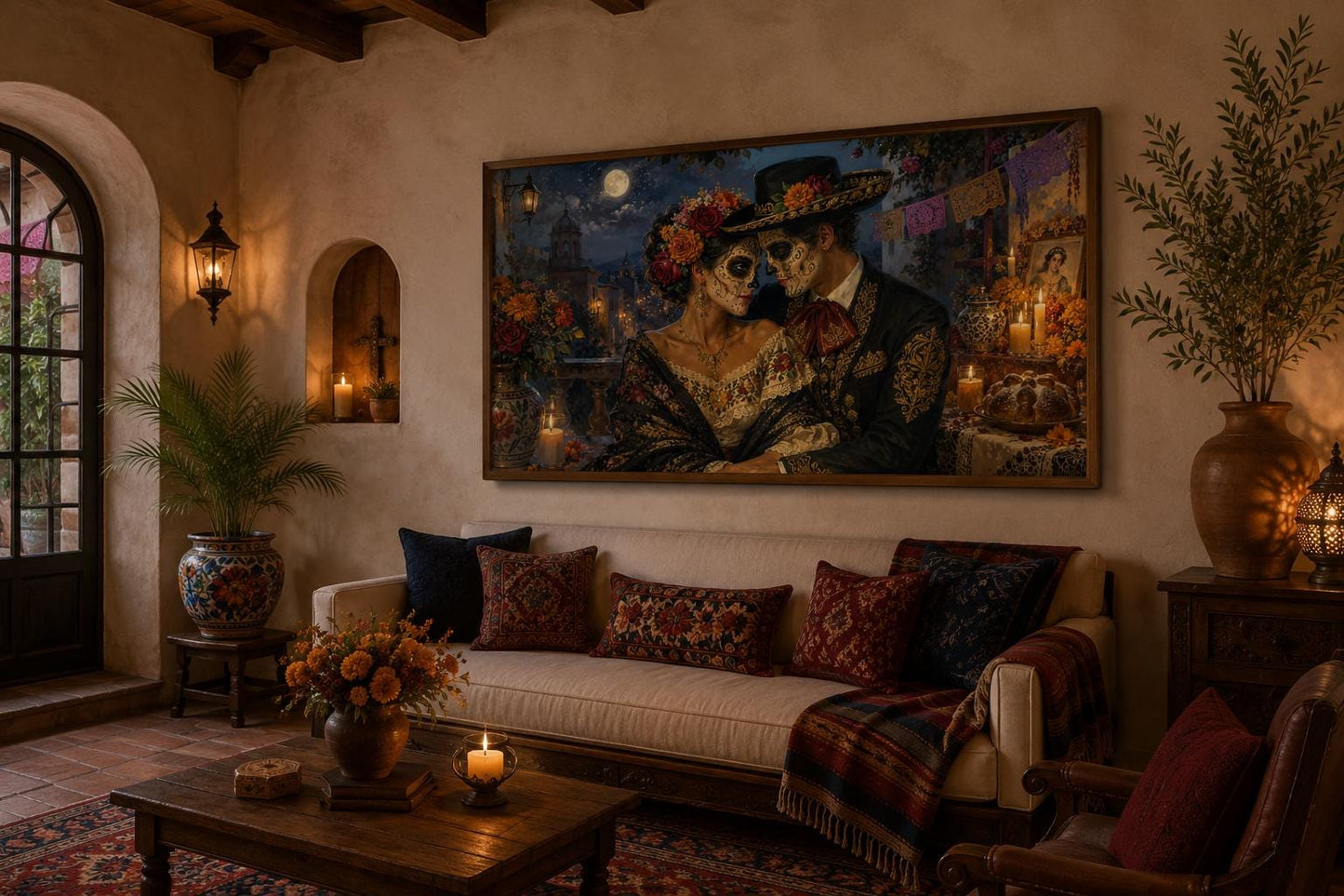 Day of the Dead Wall Art – Romantic Sugar Skull Couple Canvas for Living Room