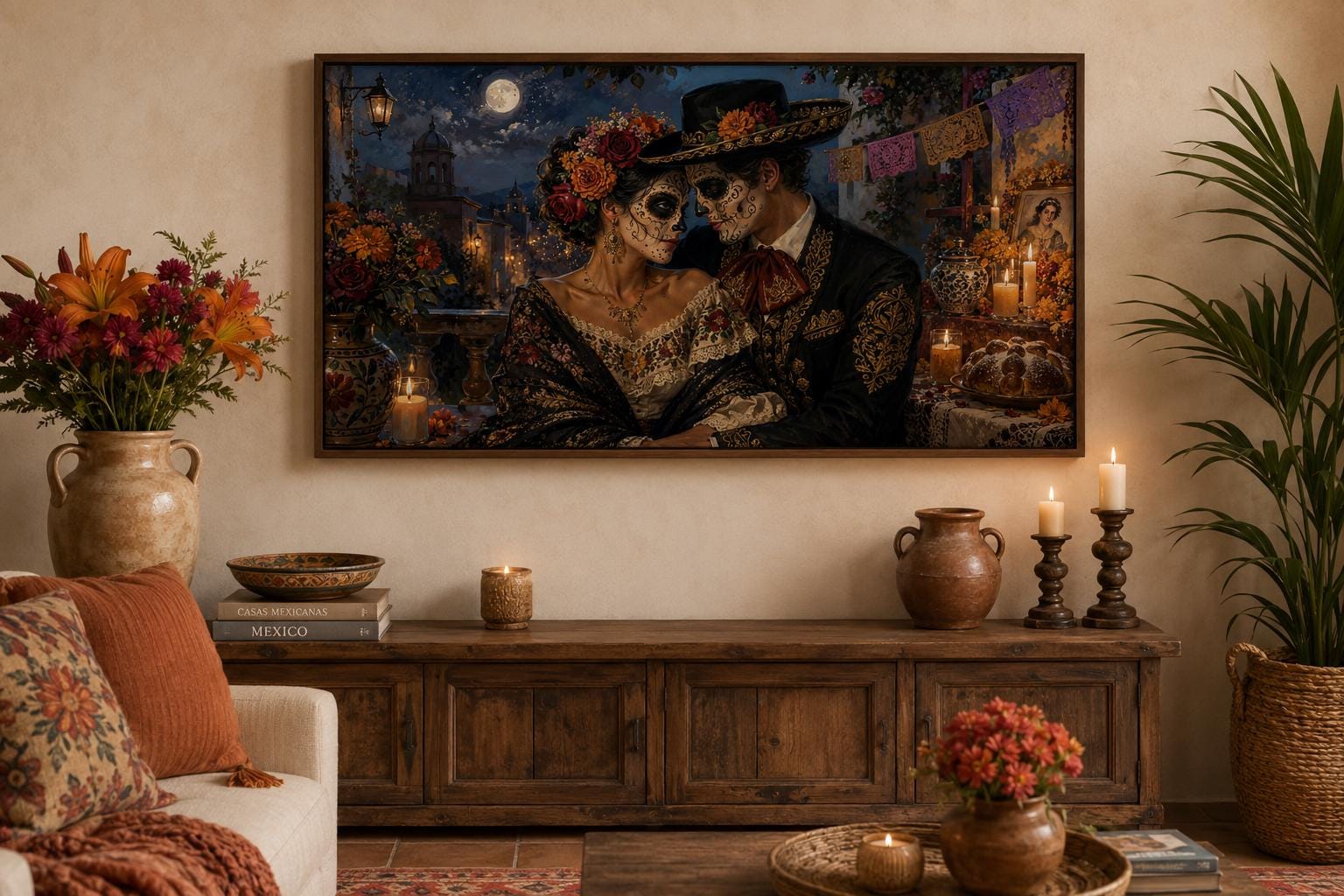 Day of the Dead Wall Art – Romantic Sugar Skull Couple Canvas for Living Room