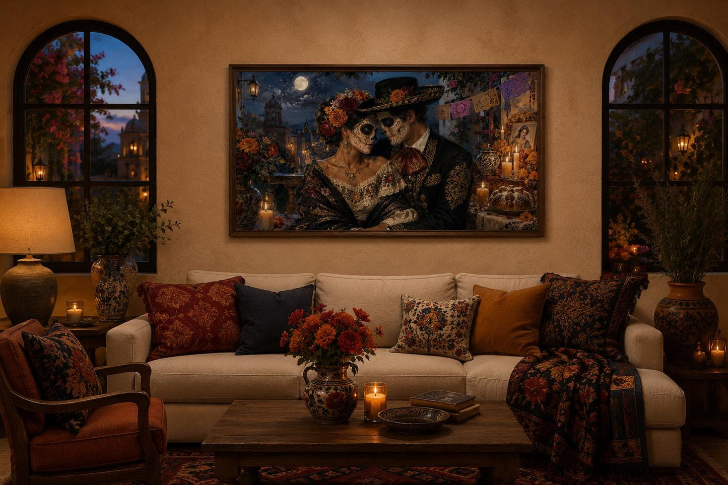 Day of the Dead Wall Art – Romantic Sugar Skull Couple Canvas for Living Room