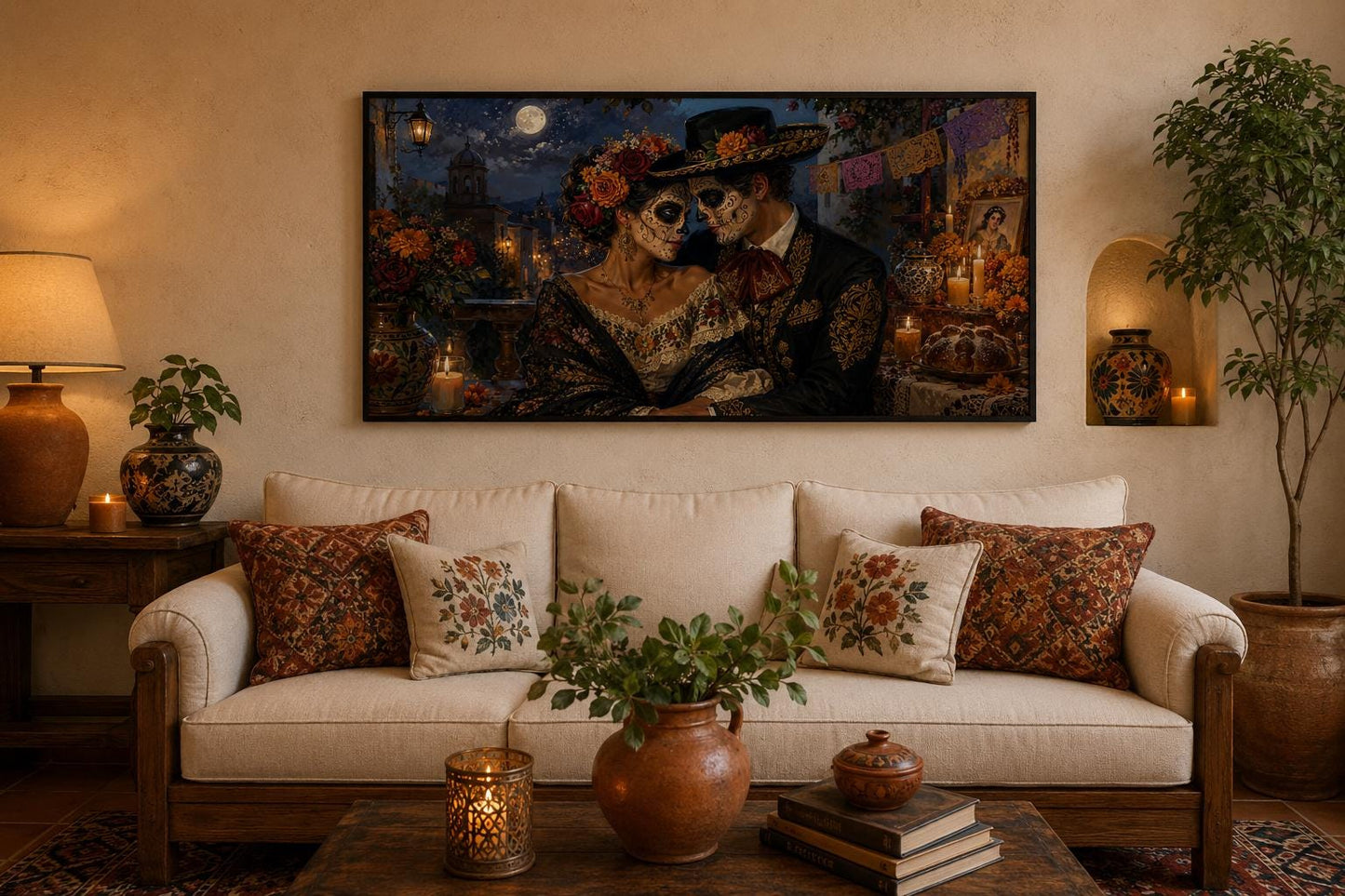 Day of the Dead Wall Art – Romantic Sugar Skull Couple Canvas for Living Room