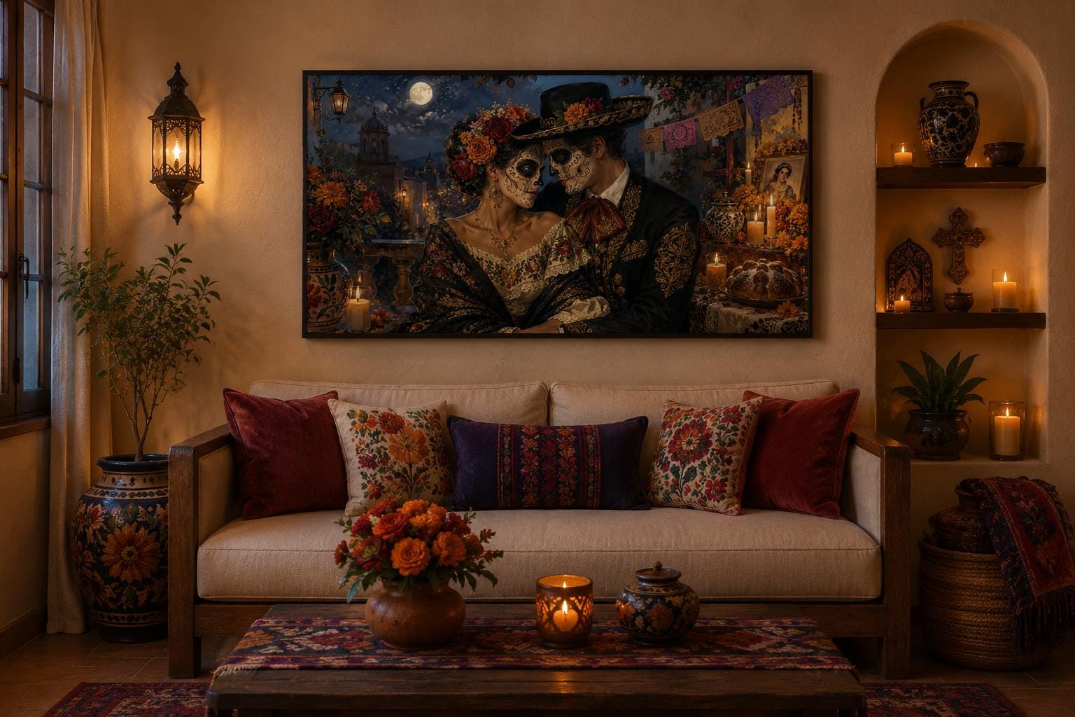 Day of the Dead Wall Art – Romantic Sugar Skull Couple Canvas for Living Room