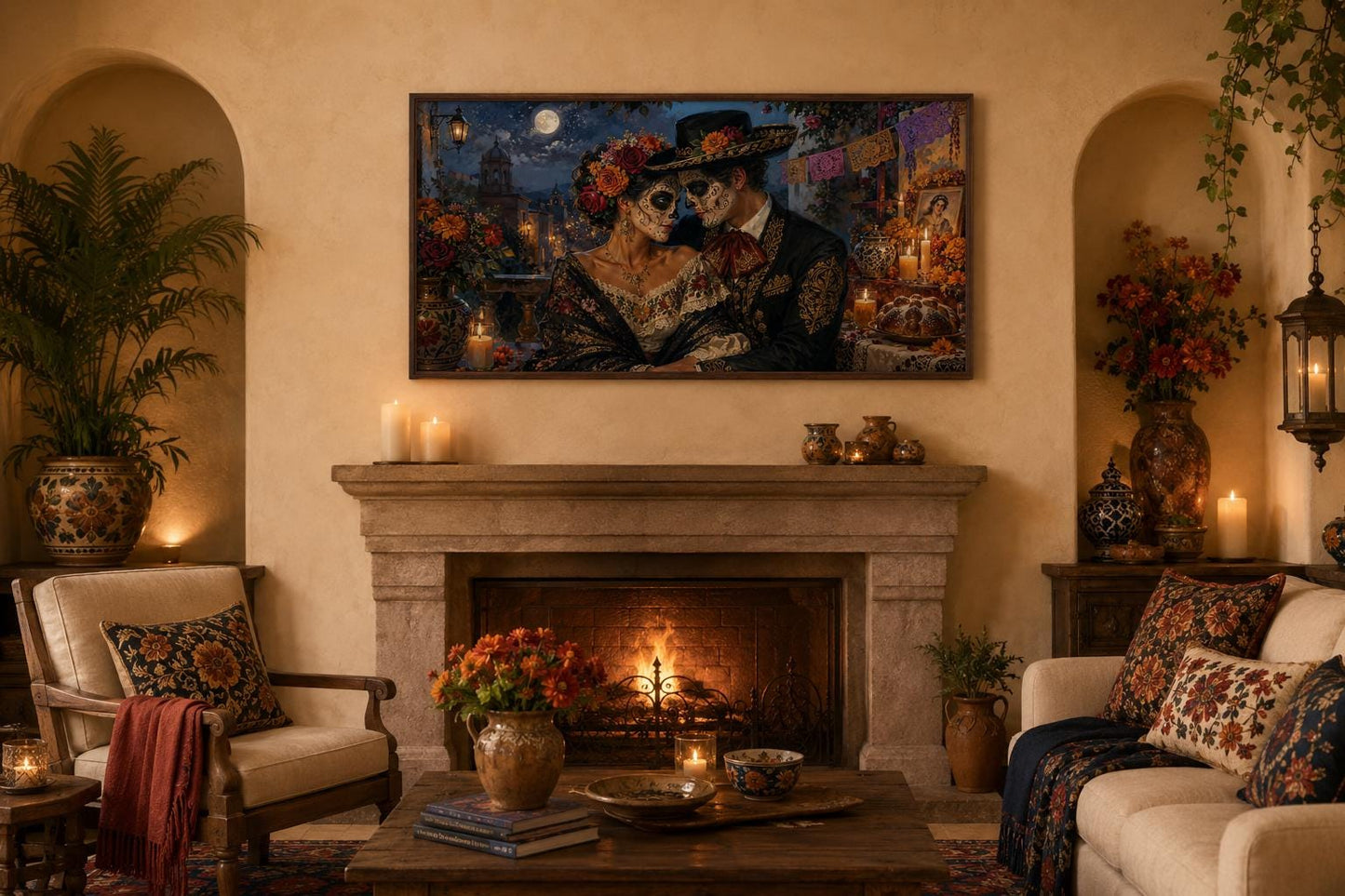 Day of the Dead Wall Art – Romantic Sugar Skull Couple Canvas for Living Room