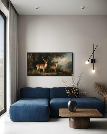 Deer And Doe In The Forest Framed Canvas Wall Art