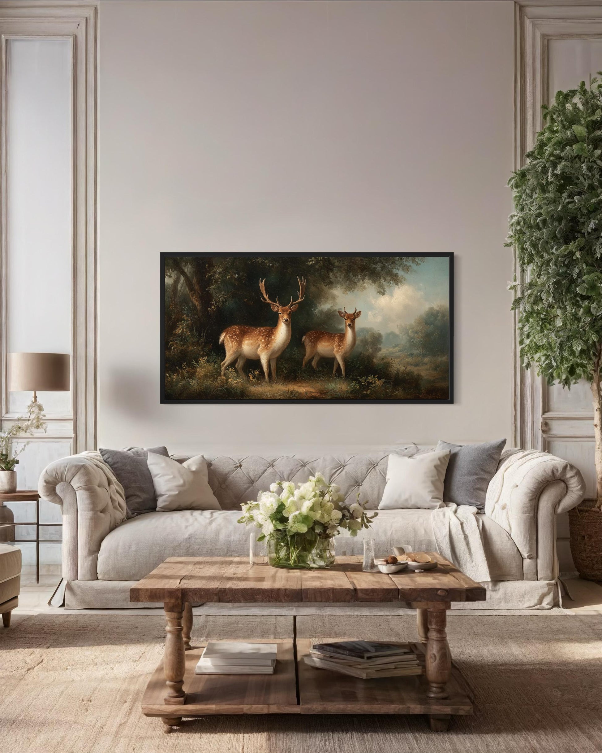 Deer And Doe In The Forest Framed Canvas Wall Art