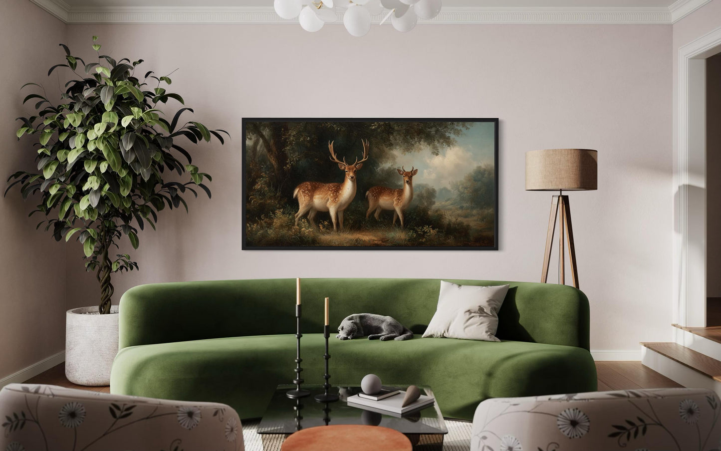 Deer And Doe In The Forest Framed Canvas Wall Art