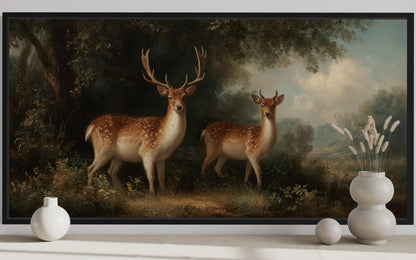 Deer And Doe In The Forest Framed Canvas Wall Art