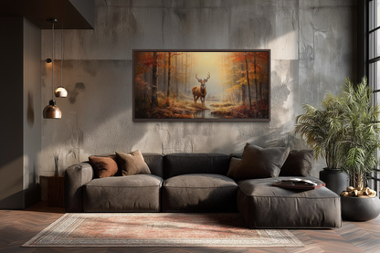 Deer Autumn Wall Art – Large Framed Canvas Print | Rustic Cabin Decor