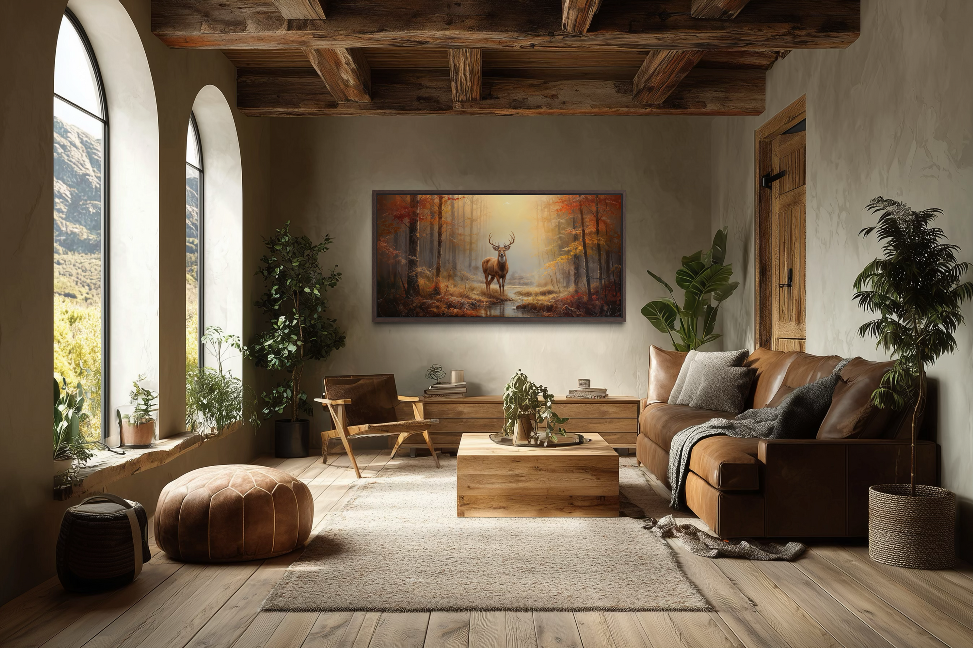 Deer Autumn Wall Art – Large Framed Canvas Print | Rustic Cabin Decor
