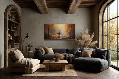 Deer Autumn Wall Art – Large Framed Canvas Print | Rustic Cabin Decor