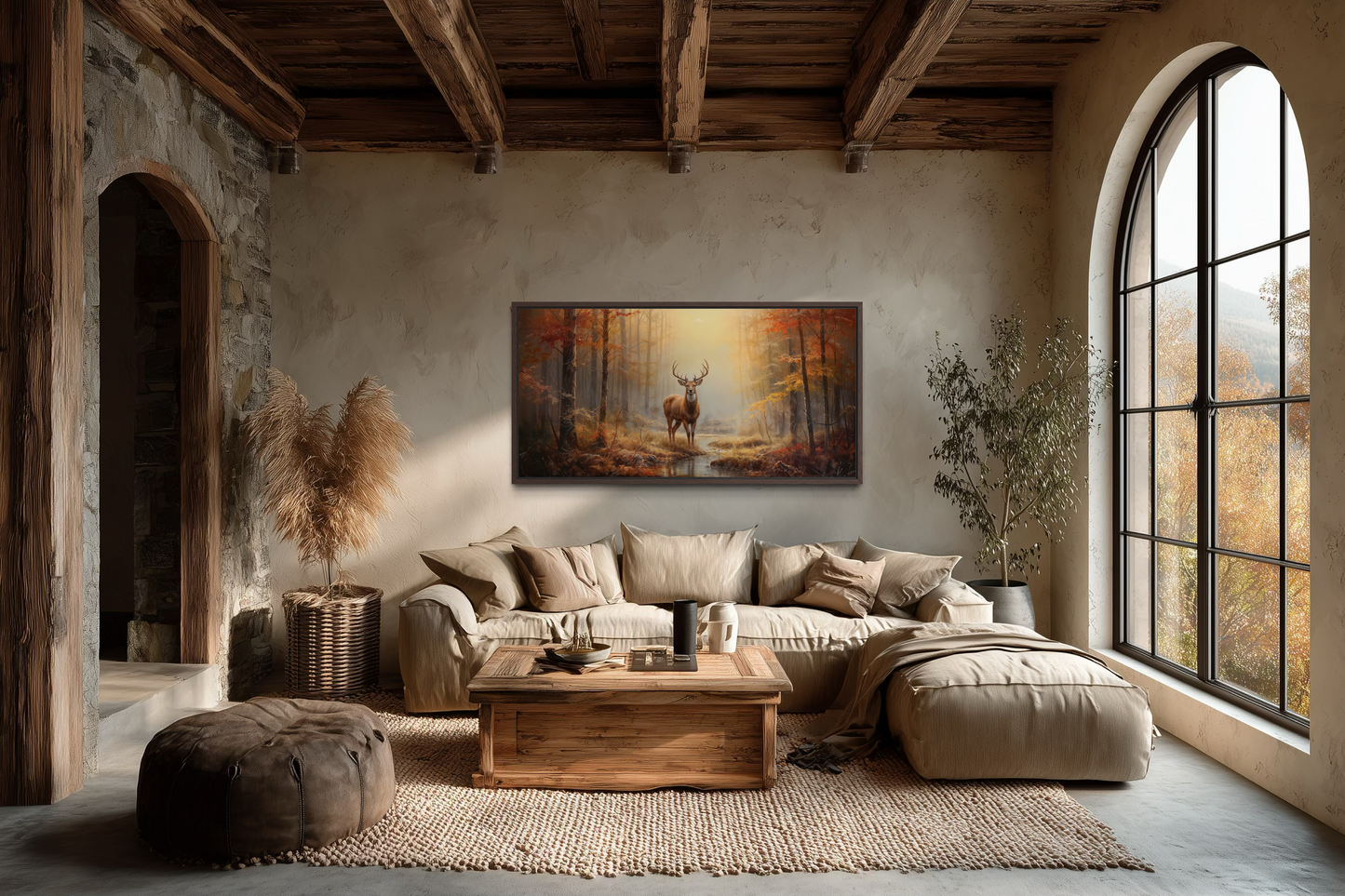 Deer Autumn Wall Art – Large Framed Canvas Print | Rustic Cabin Decor