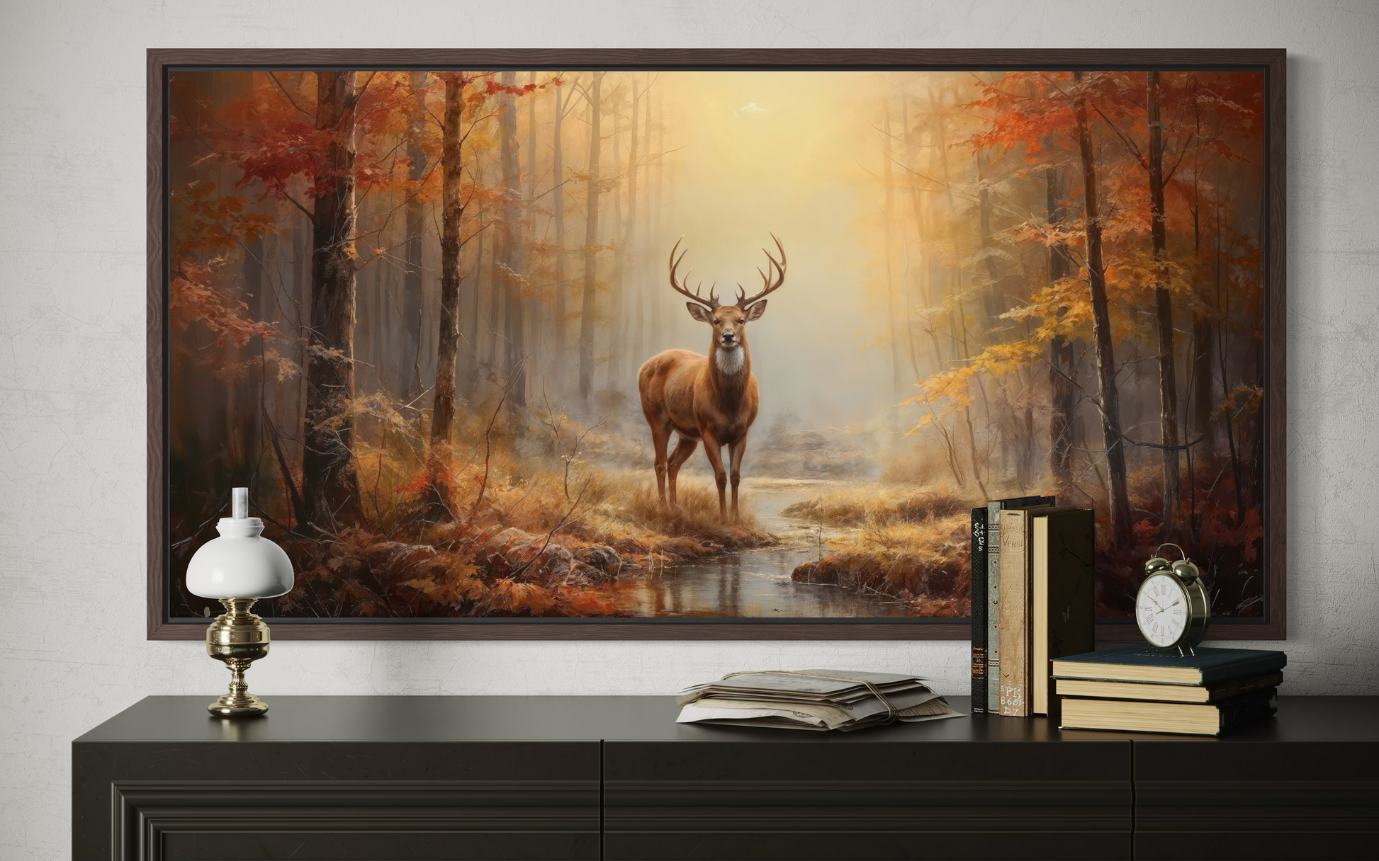 Deer Autumn Wall Art – Large Framed Canvas Print | Rustic Cabin Decor