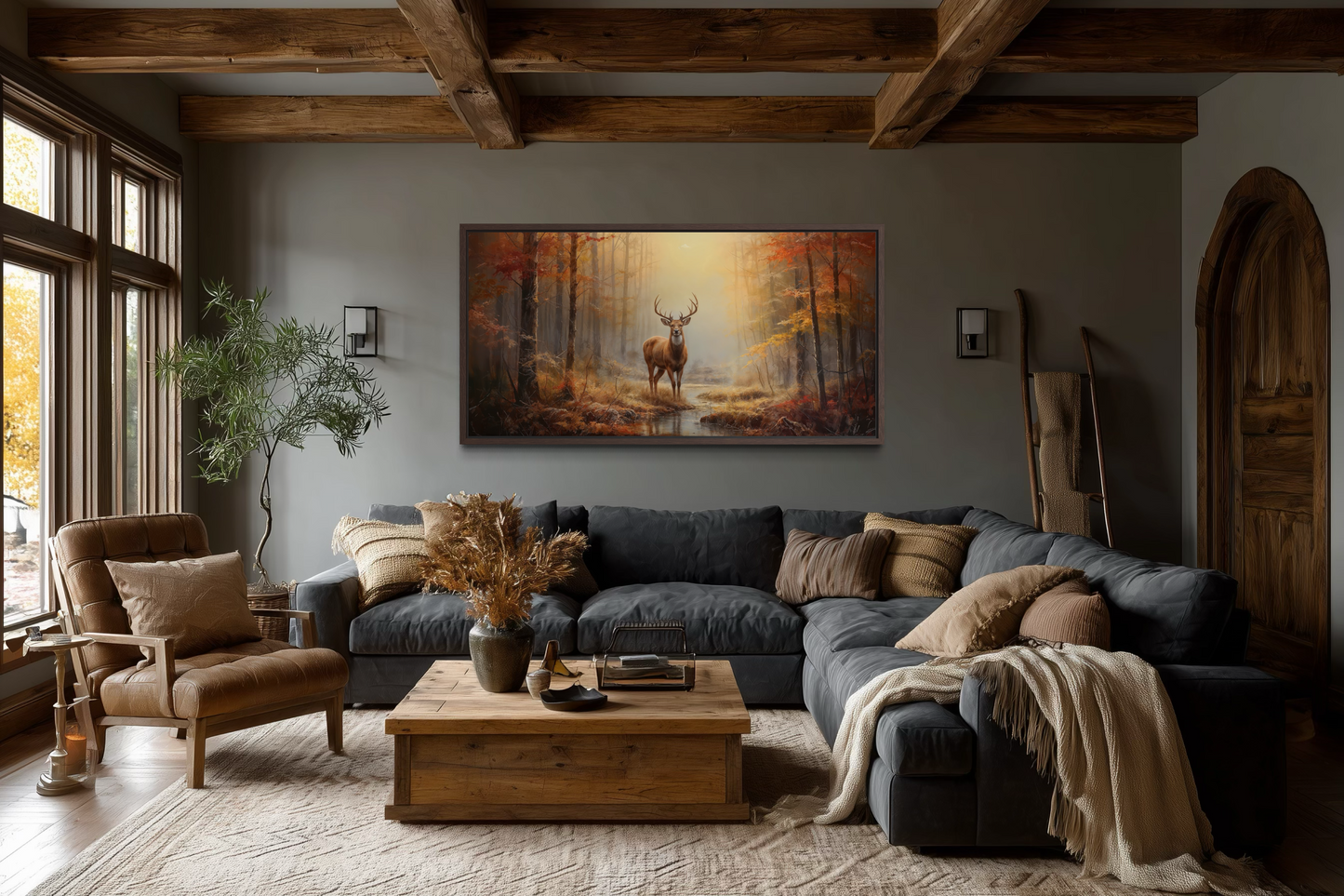Deer Autumn Wall Art – Large Framed Canvas Print | Rustic Cabin Decor
