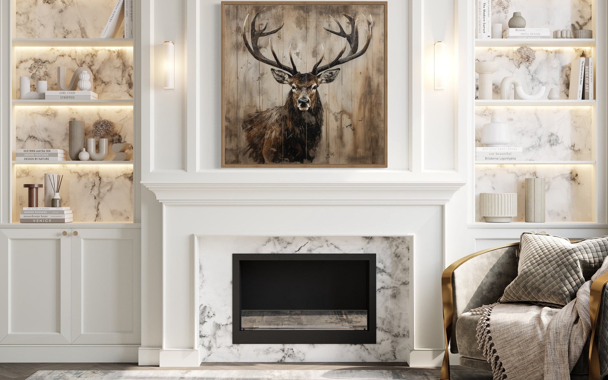 Deer Portrait on Distressed Wood Rustic Framed Canvas Wall Art