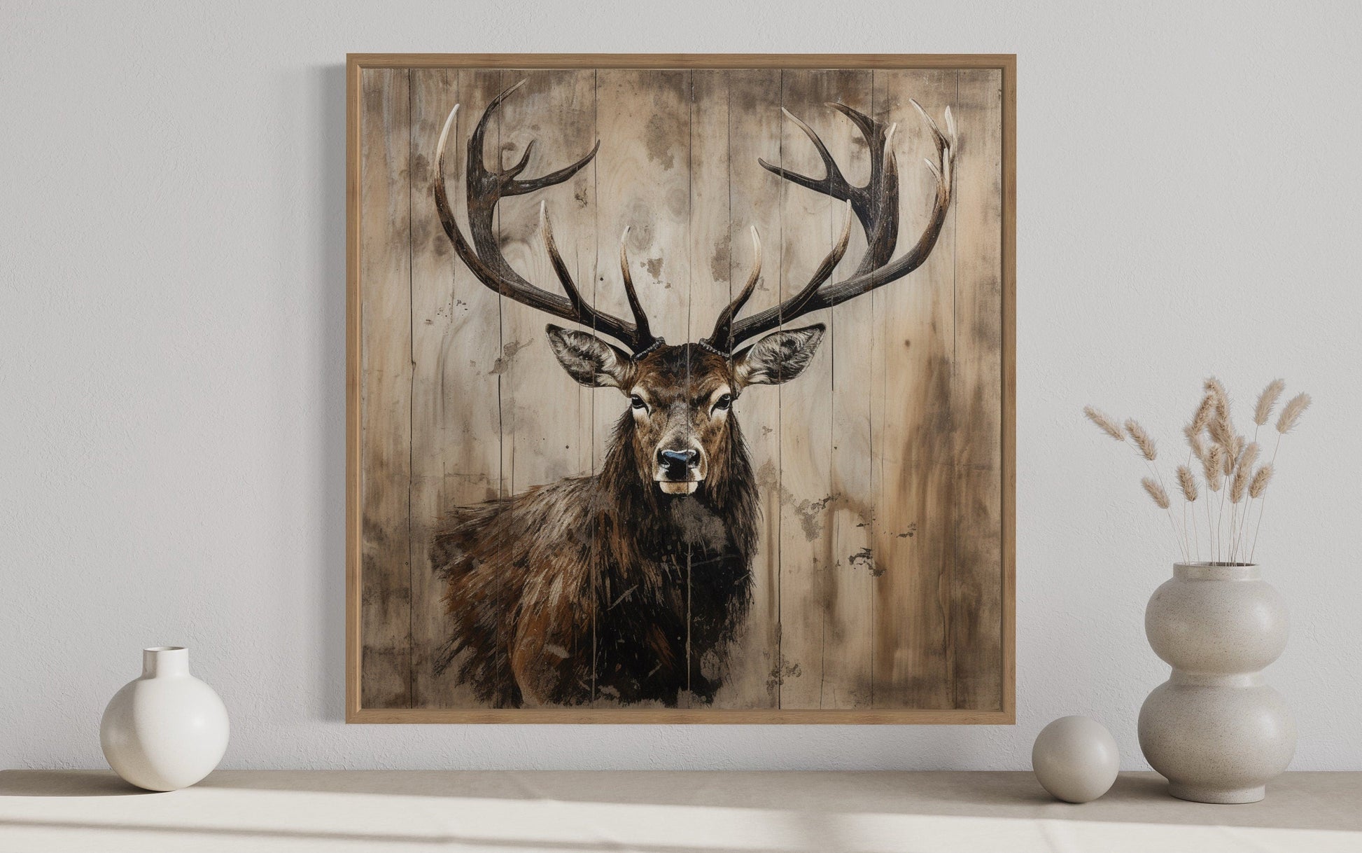 Deer Portrait on Distressed Wood Rustic Framed Canvas Wall Art