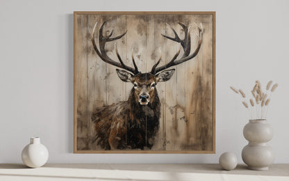 Deer Portrait on Distressed Wood Rustic Framed Canvas Wall Art